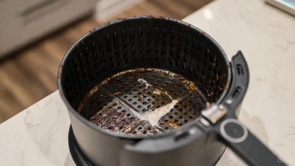 Air fryer cleaning grease and baked-on residue