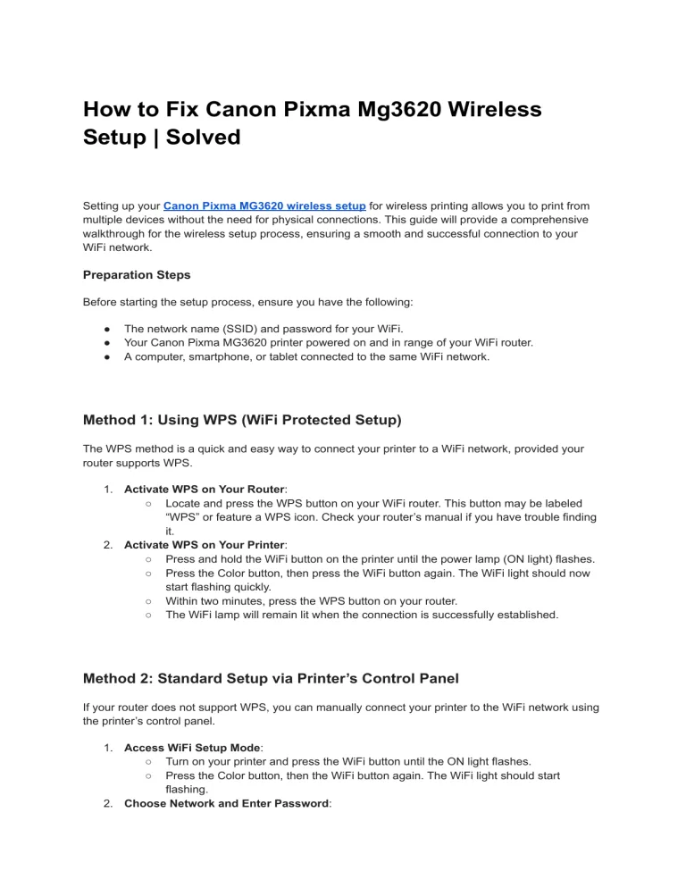 Canon PIXMA MG3620 Wi-Fi setup