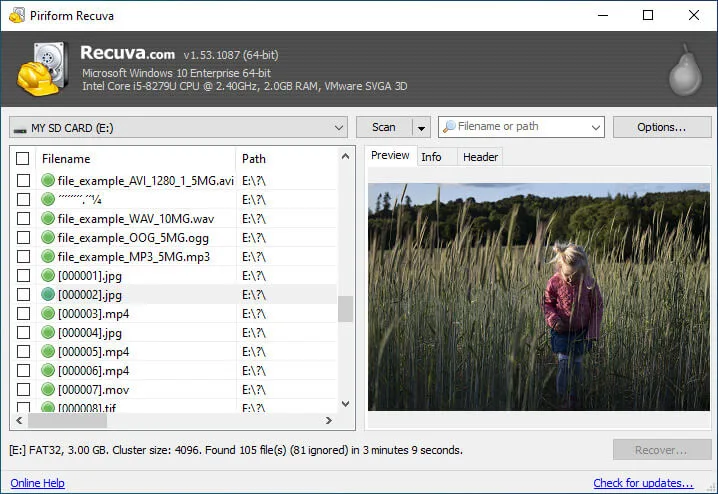 SD card recovery software screenshot