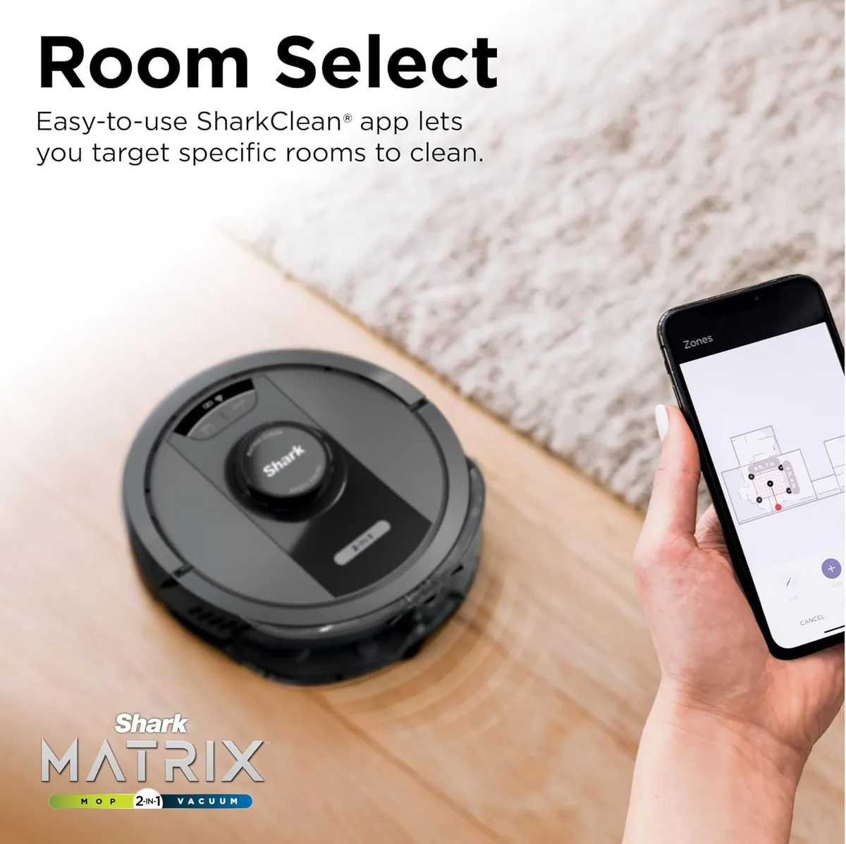 SharkClean app on smartphone with robot